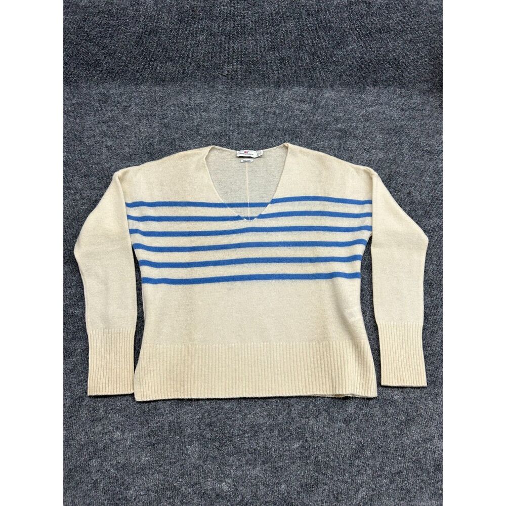 Vineyard Vines 100% Cashmere Striped V-Neck Sweater Women's Small Cream Blue